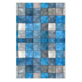 Blue Plaid Stained Glass Window Film Church Frosted Window Film Translucent No Glue Static Decal,15x47 inch