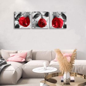 Rose Flower on Black White Canvas For Home Wall Art Decor;  3 Panels Modern Romantic Floral Framed Bedroom Decoration