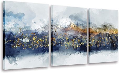 Abstract Wall Art for Living Room Navy Blue and Gold Mountain Abstract Watercolor Pictures for Bedroom Bathroom Wall Decor 3 Piece (size: 12inchx16inchx3pieces)